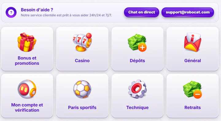 RoboCat Casino centre d’aide avec chat en direct, assistance 24h/24 et catégories pour bonus, dépôts, retraits, compte et paris sportifs