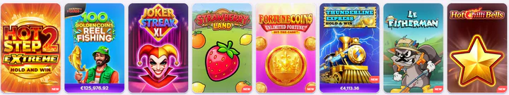 RoboCat Casino sélection de machines à sous avec Hot Step 2 Extreme, 100 Gold Coins Reel Fishing, Joker Streak XL, Strawberry Land et Fortune Coins